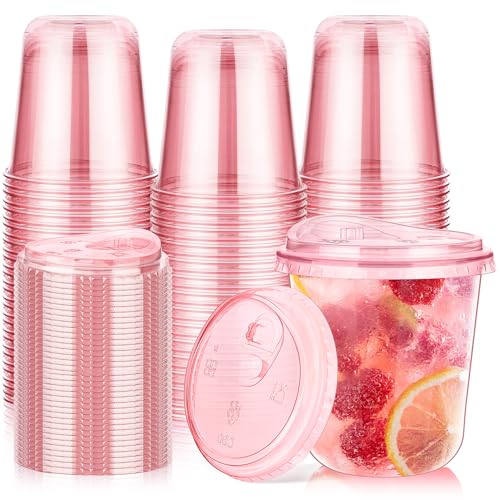 KesaPlan 50 Pack 12 oz Pink Plastic Party Cups with Sip Lids Disposable Iced Coffee Cup with Lid Round Bottom Stemless Glasses Drinking Cups for Valentines Galentines Bachelorette Party Holiday
