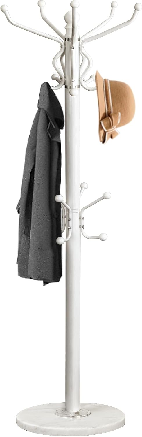 Kertnic Freestanding Coat Rack with 18 Hooks & Marble Base - Heavy Duty Metal Hall Tree Stand for Entryway, Hats, Coats, Bags Rack - Modern Hanger Organizer for Home, Office, Dorm (18 hooks -White)