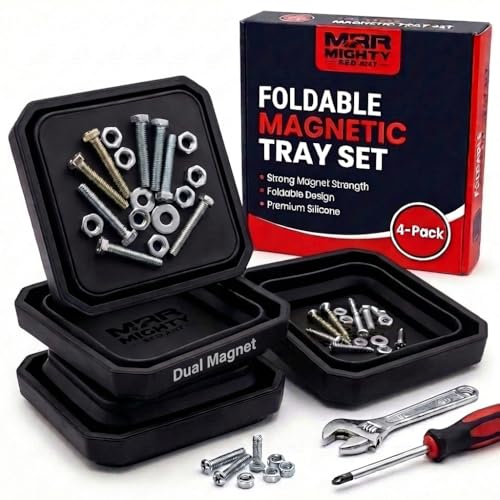 Mighty Red Ant Collapsible Magnetic Tray Set – 4 Pcs Silicone Parts Tray with Dual-Sided Magnetic Plate, Automotive Tools for Screws, Nuts, Bolts, & Small Metal Parts Holder – 5x3x5 Inches, Black