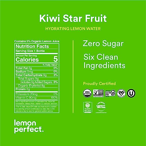 Image of Lemon Perfect, Hydrating Organic Lemon Water, Zero Sugar, Flavored Water, Squeezed from Real Fruit, Plastic Neutral, No Artificial Ingredients, Kiwi Star Fruit (12oz Bottles) 12pk