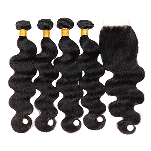 ZILING Brazilian Virgin Hair Body Wave Bundles with Lace Closure 4 Bundles with Closure, (12/14/16/18+12 Inch)