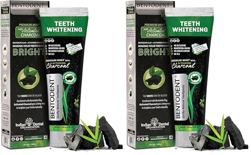 Image of BENTODENT TOOTHPASTE Activated Charcoal Toothpaste -Teeth Whitening, Cavity Protection - Natural toothpaste, No Fluoride & No SLS (100 Grams) (Pack of 2)