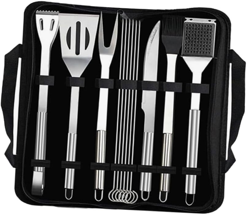 12pcs Stainless Steel BBQ Tools Set with Bag Grill Spatula Brush Cutter and Tweezer for Outdoor Cooking for Camping and Picnics