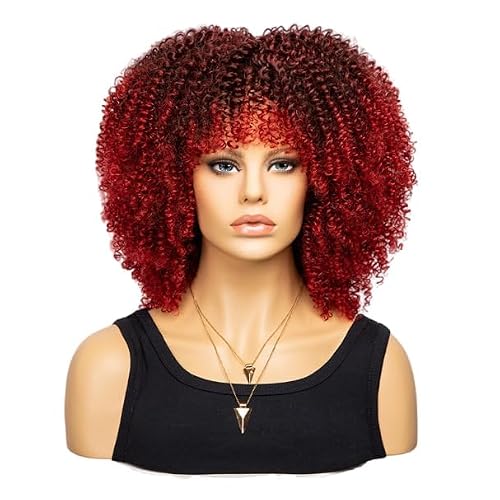 LEEMASING Fashion Afro Curly Wig Synthetic Short Full Wig Women Wig For Daily Use, Party and Cosplay (Gradual Wine Red)