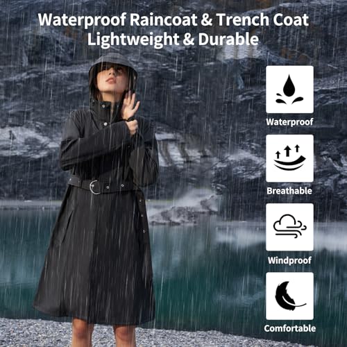 HALO RAIN Women's Single Breasted Long Trench Coat Windproof Raincoat Outerwear Lightweight Windbreaker with Blet & Hood4