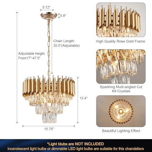 Image of Gold Crystal Chandelier 16 inchModern Ceiling Dining Room Pendant Light Fixtur