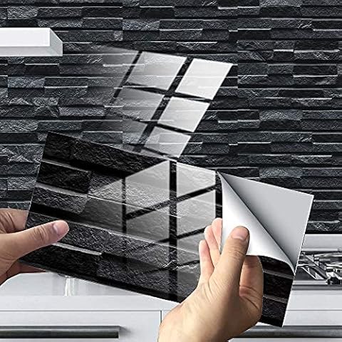 DriSubt Kitchen Tile Stickers Wall Tile Transfers Sticker Self Adhesive Tile Stickers for Kitchen Living Room Bathroom Decor (Black Gray,48pcs) Cover