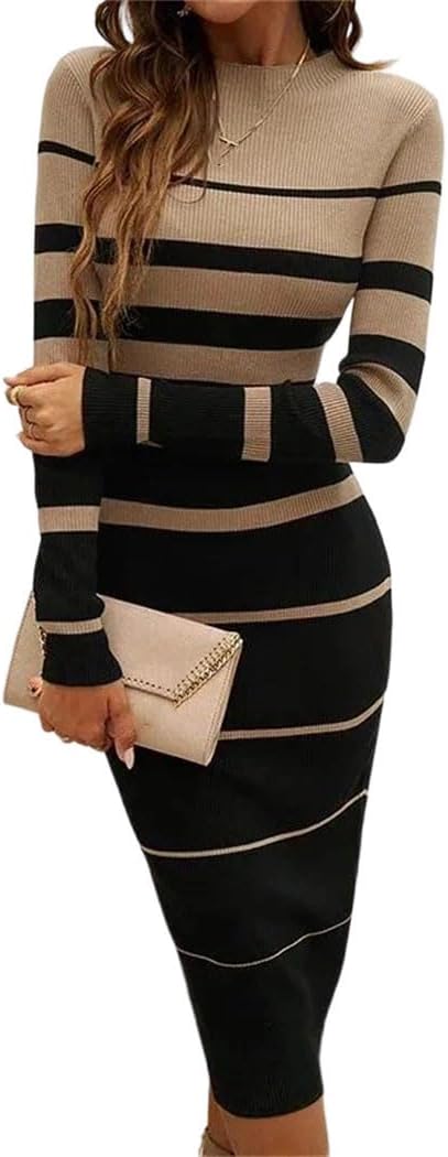 レディース パッチワーク ニットドレス 長袖 ストライプ オフィスレディ エレガント ミディドレス 冬 カジュアル 衣装