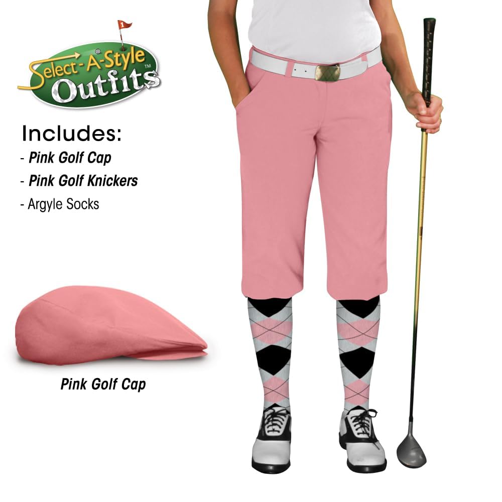 Golf Knickers Ladies Select A Style Outfit - Matching Golf Cap - Pink - Waist 0 - Sock - White/Pink/Black