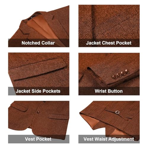Image of Retro 3 Piece Suit Tweed Herringbone Men's Suits Slim Fit Jacket Vest Pant | Tweed Wool Blend Retro 3 Piece Suit Herringbone Men's Suits Vintage Wedding Groom Tux Set Dress Prom Single Breasted Jacket