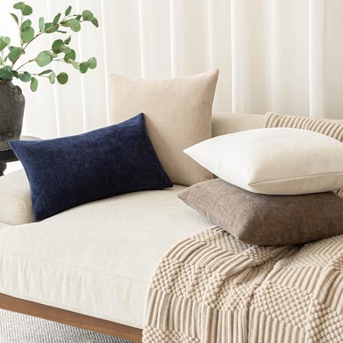 Image of Foindtower Pack of 2 Soft Textured Throw Decorative Pillow Covers Lumbar Accent Solid Cushion Cover Cozy Farmhouse Pillow Case with Zipper for Couch Sofa Bedroom Living Room 12x20 Inch, Navy