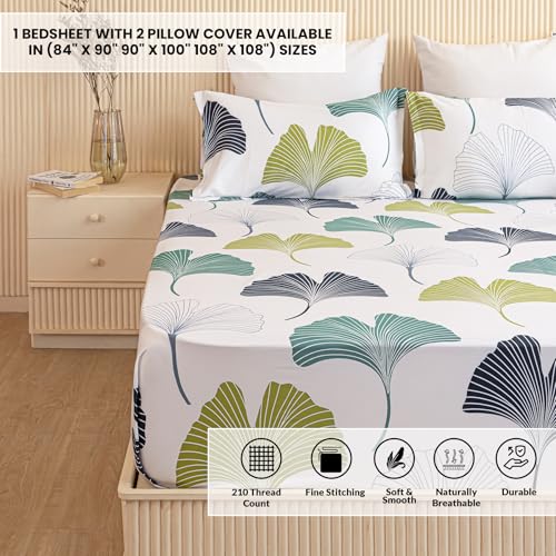 Image of HOMEMONDE Premium Cotton King Size Bedsheet 108 x 108 Inch, 210 TC Leaf Printed Flat Sheet with 2 Pillow Covers, Blue & Green, Elegant Gift Box Included | Perfect for Home Decor & Gifting