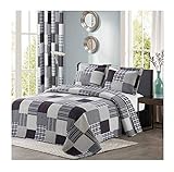 All American Collection Black and Grey Modern Plaid 3-Piece Queen Bedspread and Pillow Sham Set | Matching Curtains Available!