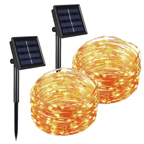 2 paquetes de luces solares pequeñas para exteriores, pequeñas luces solares de 7 m, 50 LED, luz blanca cálida, para exteriores, resistente a la intemperie, para exteriores, jardín, decoración de