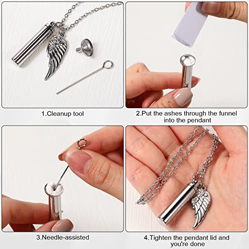 10 Pieces Urn Necklace for Ashes Cylinder Cremation Jewelry with Angel Wing Charm Memorial Pendant Keepsake for Women Men Vial Cremation Ash Pendant(0.31 x 1.54 Inch,Silver)3
