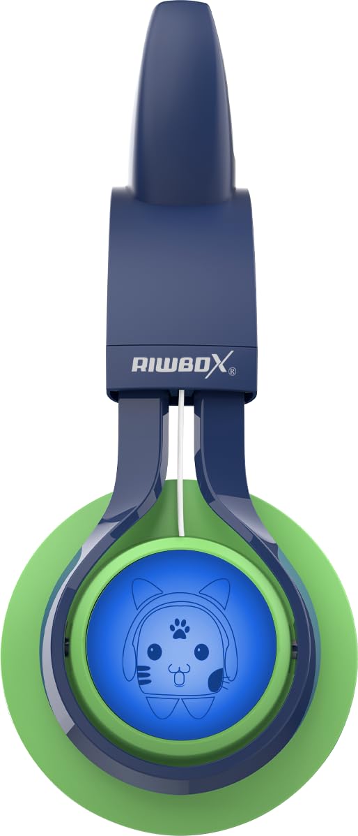 Riwbox CT-7S, cuffie Bluetooth per bambini, con orecchie di gatto, con luce LED, limitazione del volume di 85 dB, sovrauricolari con microfono per laptop/PC/TV (verde e blu navy)