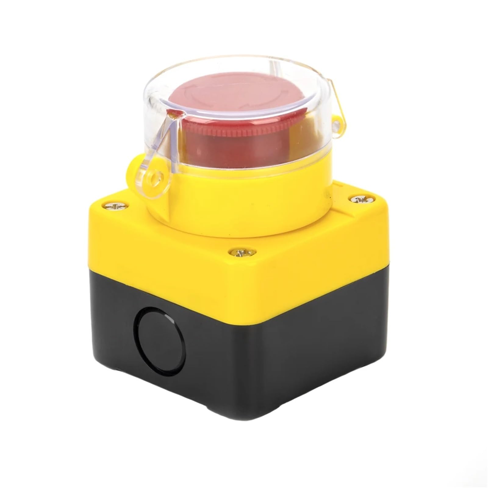 Interruptor pulsador de parada de emergencia con cabezal de hongo rojo, 10 A, for ascensores, con enclavamiento y bloqueo automático con cubierta protectora.