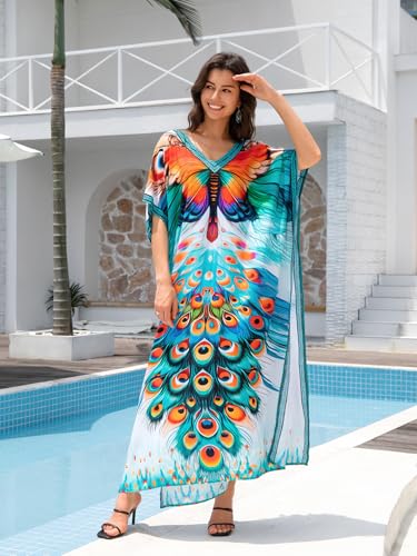 Image of KECVOT Kaftan Dresses for Women V-Neck Print Swimsuit Cover Up Plus Size Beach Caftan Lounge Dress