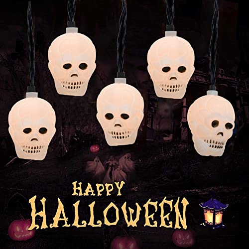 Halloween Skull String Lights 8.5Ft Outdoor Halloween Decorative Lights with 10 White Ghost Head Connectable Hanging Skull Lights for Indoor Outdoor Patio Party Holiday Decor Black Wire