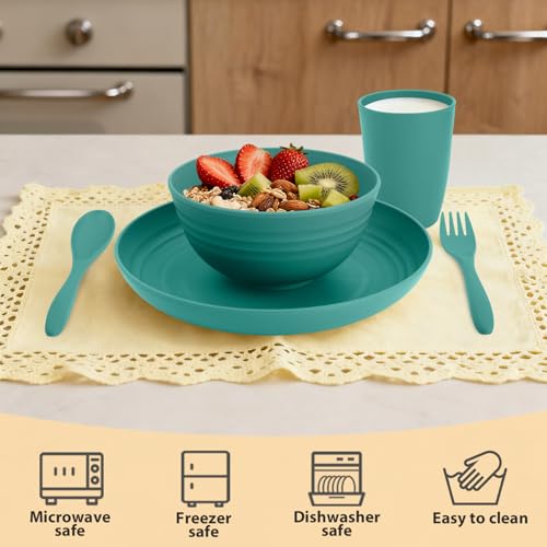 Image of Wheat Straw Dinnerware Sets for 4, 20 PCS Unbreakable Lightweight Kids Plates and Bowls Sets, Dishwasher Microwave Safe Dinnerware Set, Perfect for Kitchen Dorm Camping Outdoor - Green