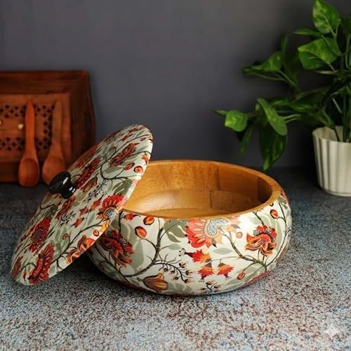 Image of HandmadeWood Roti Box with Lid | Enamel-coated Chapati Box for Serving & Storage | Wooden Hot Pot Casserole Dabba for Bread, Snacks, and Roti (22.5W) 22.5L 12.5H, Floral