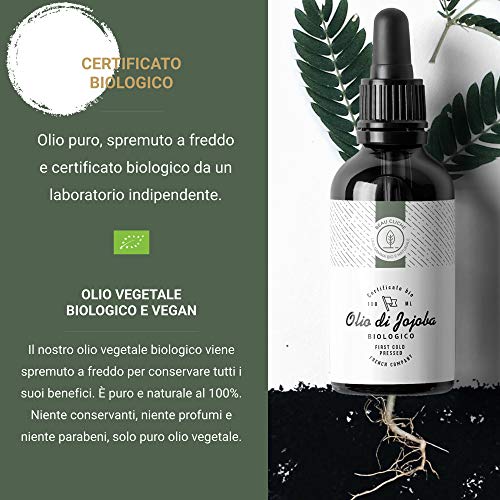 100ml Olio di Jojoba Bio, Spremuto a Freddo, Puro - 100% naturale per la cura di pelle, capelli, viso, barba - Flacone di vetro - Imbottigliato in Francia