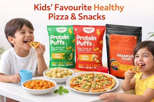 Image of Grainfully Yours Healthy Pizza & Protein Snack Combo - Pizza Flour Mix, Protein Puffs Lemon Pudina & Cheesy Tomato, Plant-Based, High Protein, Roasted Snacks, No Preservatives, No Refined Flour