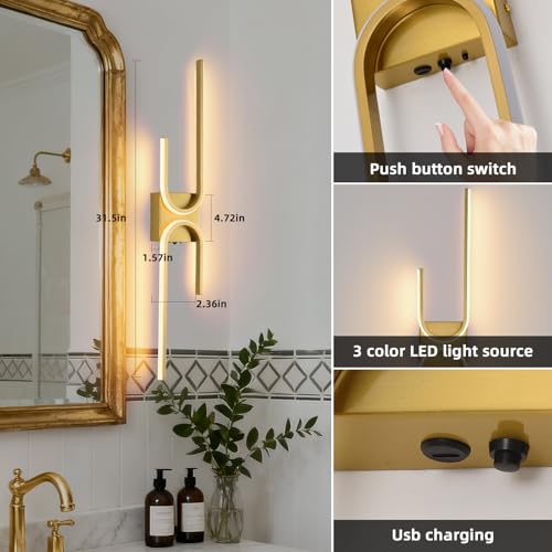 Image of Battery Operated Wall Sconce with Remote Control, USB Rechargeable Wireless Wall Sconce Set of 2, LED Dimmable Wall lamp, 3 Color /Timer /Memory, Gold Wall lights for Bedroom Living Room, 31.5 inch