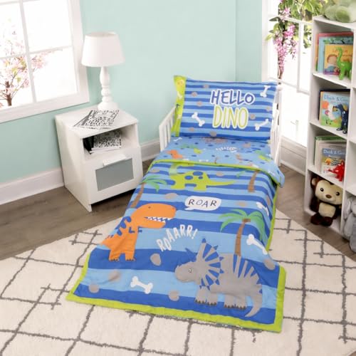Image of EVERYDAY KIDS 4 Piece Toddler Bedding Set - Roaring Dinosaurs - Includes Comforter, Flat Sheet, Fitted Sheet and Reversible Pillowcase - Boys Toddler Bedding