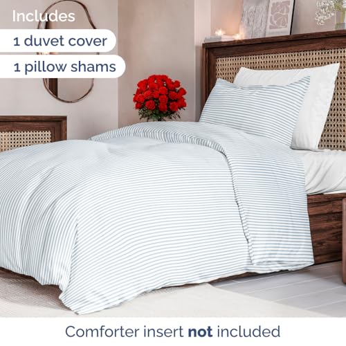 Image of Duvet Cover Twin /Twin XL - Stripe Duvet Cover Set - 2 Piece - Sky Stripe | Soft Stripe Duvet Cover 68 x 90 with 1 Pillow Sham, Comfy Stripe Bedding Set, Hotel Luxury with Zipper Closures & Ties, Comfy