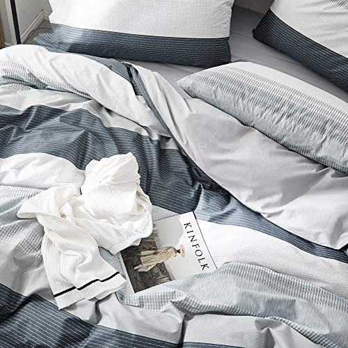 Vm Vougemarket Bedding Striped Duvet Cover Queen,3 Pieces Blue Gray Duvet Cover Sets, Cotton,Modern Simple Comforter Cover For Teens Men-Full/Queen,Martin #TOP3