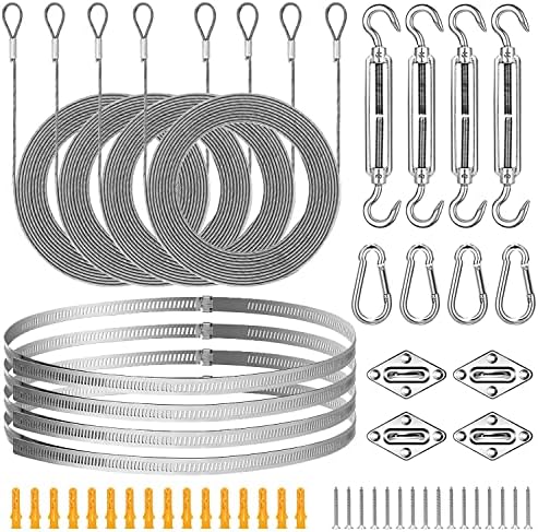 52Pcs Sun Shade Sail Hardware Kit, with 304 Anti-Rust Stainless Steel Rope,Heavy Duty Anti-Rust Square/Rectangle Shade Sail Installation for Garden Lawn Patio