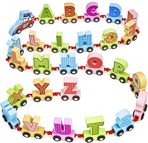 Tren Alfabeto de Madera, 27 Piezas, 200cm| Madera Natural, Colores Vibrantes, No Tóxico| Juego de Juguetes Educativos Aprendizaje Letras Alfabeto ABC, Regalo Cumpleaños Navidad para Bebés Niños.
