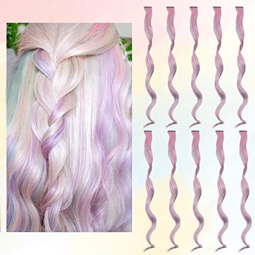Coloured Hair Extensions for Kids Women, BARSDAR 12 PCS Colored Clip in Hair Extensions Rainbow Party Highlights Synthetic Hairpieces 21 inch Sky Blue Extensions with Rubber Bands