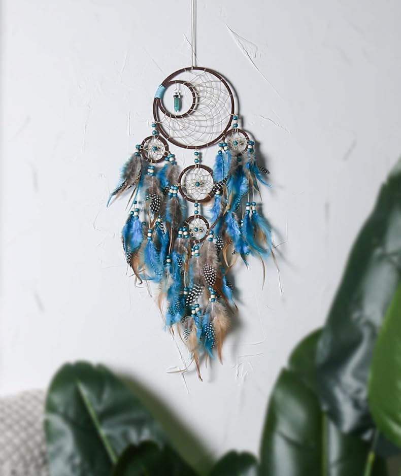 Dream Catchers 5-Layer Design with Blue Feather & Turquoise Beads, Wall Hanging Decor Wall Art, Boho Home Decoration Non-Toxic 58" Statement Piece for Girls Boys Adults - Image 5