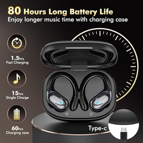 HAOYUYAN Wireless Earbuds, Sports Bluetooth Headphones, 80Hrs Playtime Ear Buds with LED Power Display, Noise Canceling Headset, IPX7 Waterproof Earphones for Workout/Running - 6