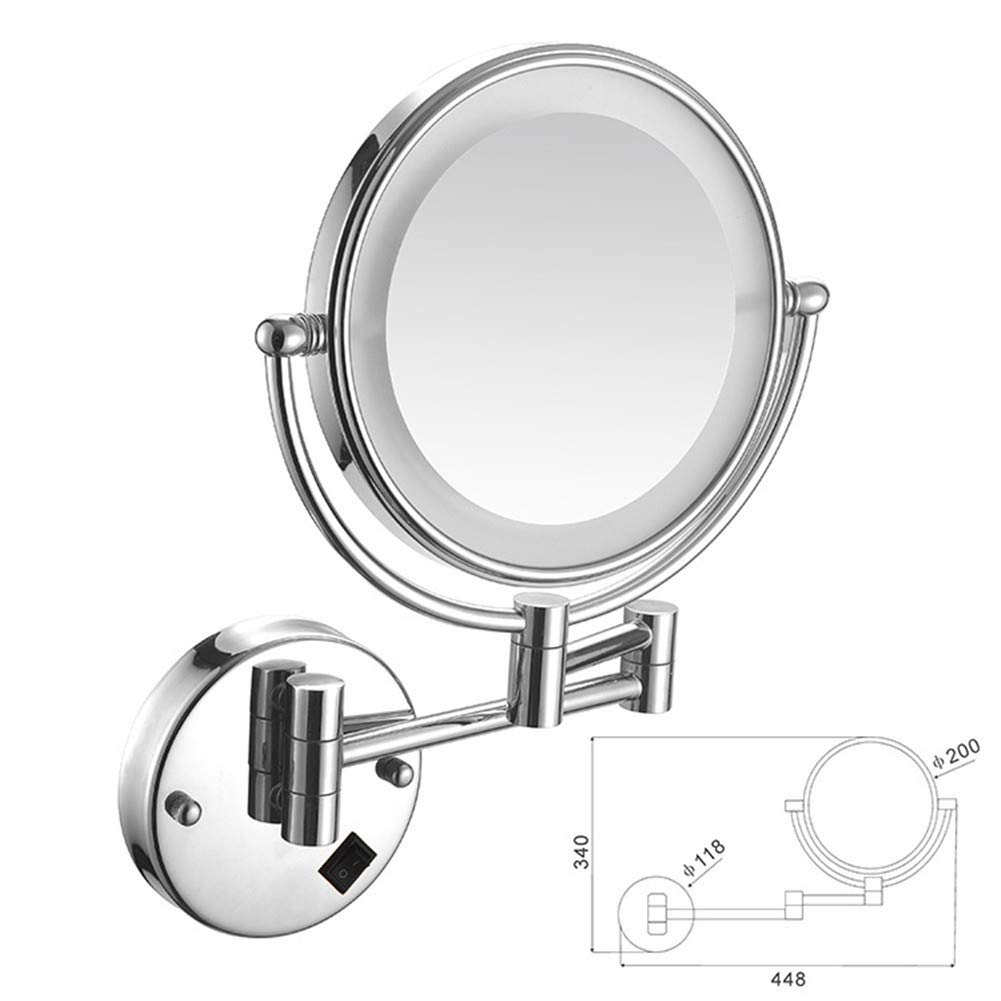 Espejo de maquillaje Montaje en pared, LED Iluminado Doble Cara Normal + 10X Aumento Espejo de baño Giratorio de 360° Extensible Plegable Forma Redonda Espejo de belleza,Gold_8inch 10X (Silv
