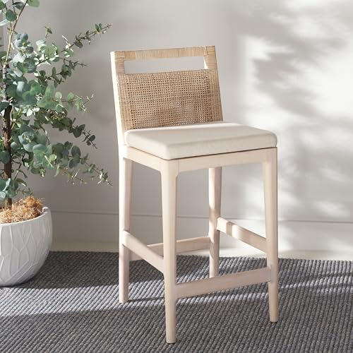 Taburete para mostrador SAFAVIEH Home Collection Darin de 24 pulgadas, acabado natural blanqueado/blanco, cojín blanco (totalmente ensamblado) miniatura 2