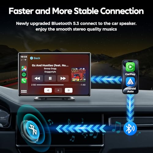 JATAZA 9\" Wireless Apple Carplay Screen for Car, Secure Strong Bracket, Portable Apple CarPlay& Android Auto Car Stereo with GPS Navigation, Bluetooth