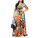 FANDEE Plus Size Maxi Dress for Women - Casual Summer Sundress V-Neck 3/4 Sleeve Multicolored Leaves 2XL