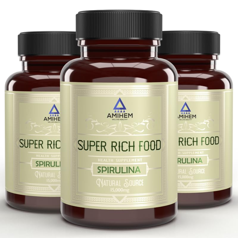 Image of Spirulina Capsules 1000mg Per Serving | Supports Gut Health, Eye Health, Energy, Endurance & Immunity | 30 Capsules Per Bottle | Pack of 3