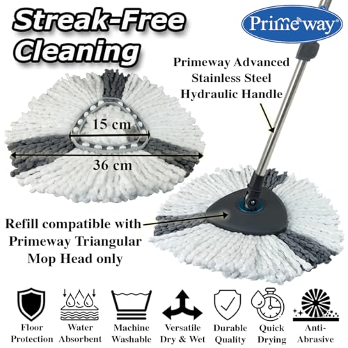 Image of Primeway Stainless Steel Handle for Spin Mops | 15cm Triangle Disc Plate Head with Extendable Rod Stick Accessory Replacement Set Without Refills | 110~130cm | Grey