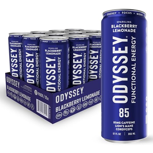 Odyssey Functional Energy Drink for Focus, Cognition & Mood Support 12 Pack - Adaptogenic Drink with 85mg Green Tea Caffeine, Lions Mane, Cordyceps, L-Theanine & Ginseng, Sparkling Blackberry Lemonade