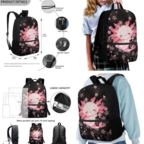 Cherry Blossoms Axolotl Backpack for Girls 6-8 8-10 10-12 Kids School Bag with Lunch Box Pencil Case Elementary Kindergarten Preschool Bookbag Teen Schoolbag Water Bottle Sleeve2