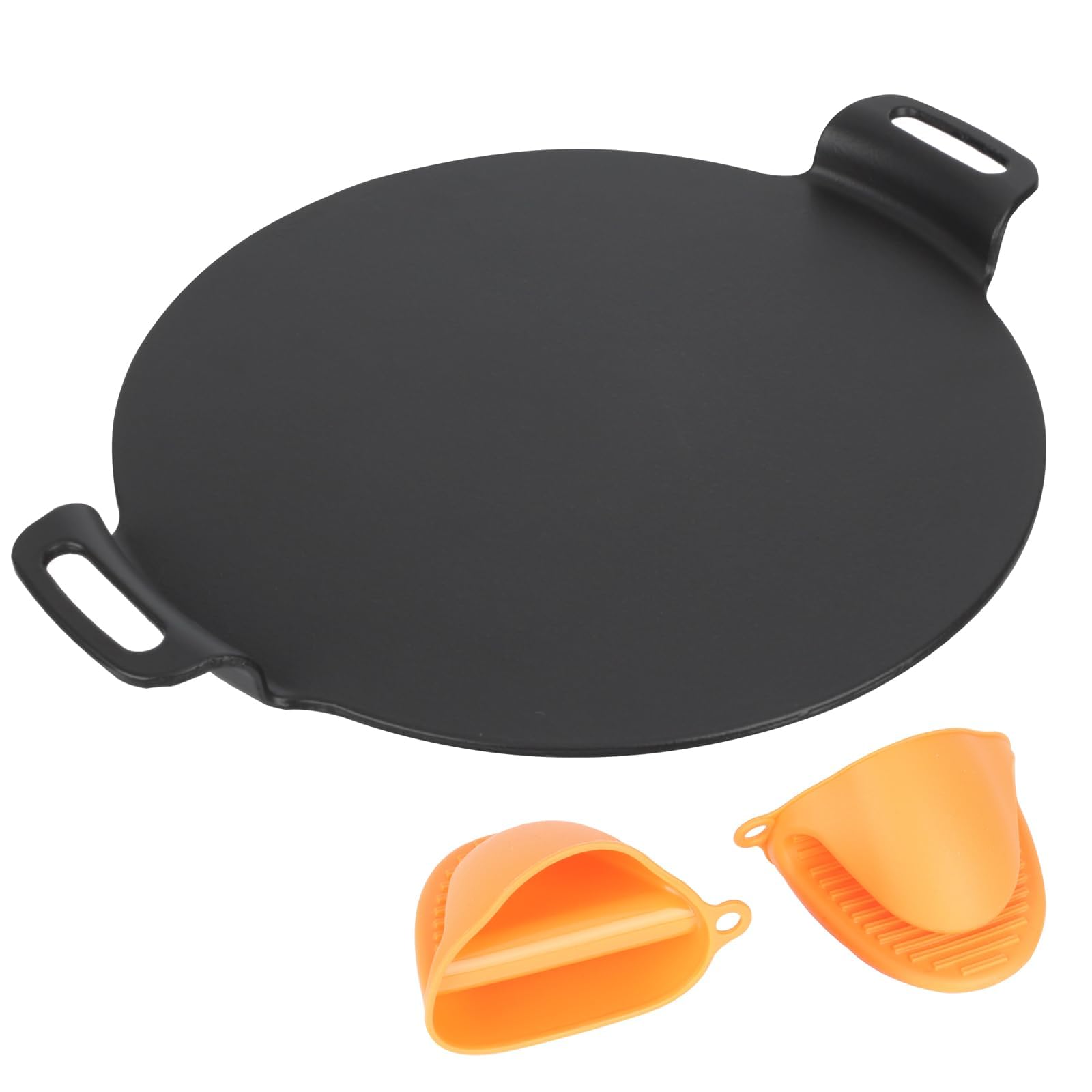 WELL GRILL Pizzastein mit Halter für Backofen, Gasgrills und Holzkohle, Gusseisen Grillplatte BBQ Pfanne Pizza Stein für Crepe, Tortilla, Pizzapfanne (Ø38 cm)