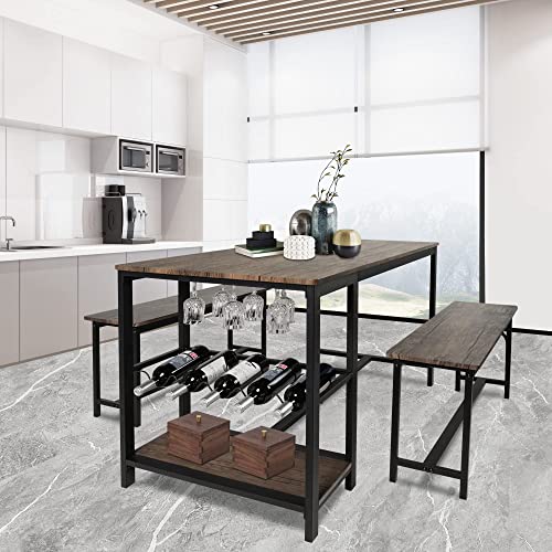 Koreyosh 3 Piece Kitchen Table Set With Bench, 55''Lx25.2''W Dining Table Set For 4,Breakfast Nook Table Set Mid Century Modern Dining Set For Small Spaces Compact W/Storage Shelf Rack, Wine Rack #TOP1