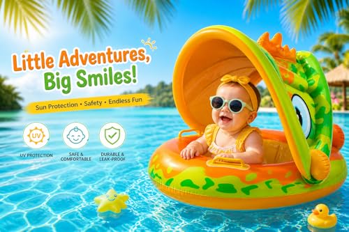 Image of Baby Pool Float with Canopy & Sunshade, Inflatable Infant Swimming Float Ring Seat with UV Protection, Safe Baby Swim Trainer for Pool & Beach (6-36 Months)