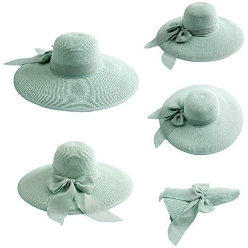 Image of Lanzom Womens Big Bowknot Straw Hat Floppy Foldable Roll up Beach Cap Sun Hat UPF 50+
