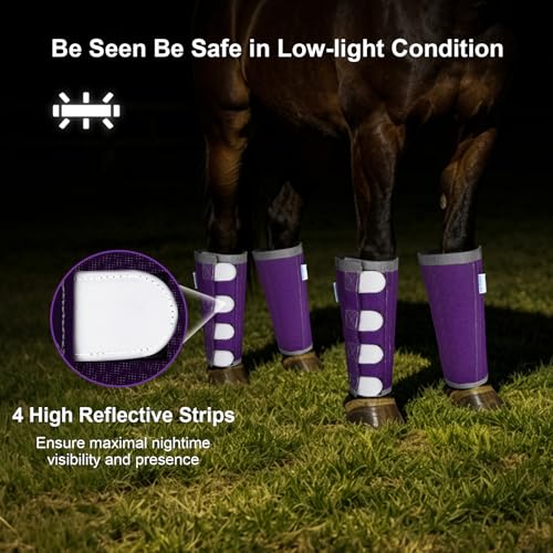 Image of Reflective Horse Fly Boots Set of 4, Loose Fitting Leggings for Horses, Equine Fly Leg Wraps Socks for 4 Legs, Breathable Adjustable and Universal Fit, Reliable Stay Put and on (Purple)