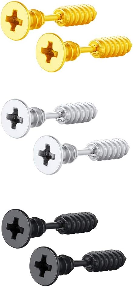 Stainless Steel/18K Gold Plated Men Women Round/Screw Stud Earrings Set Ear Piercing Plugs Tunnel Punk Hip Hop Style Jewelry(with Gift Box)